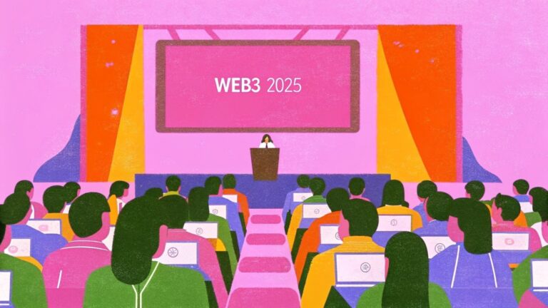 Illustration of a full conference hall facing a Web3 2025 stage