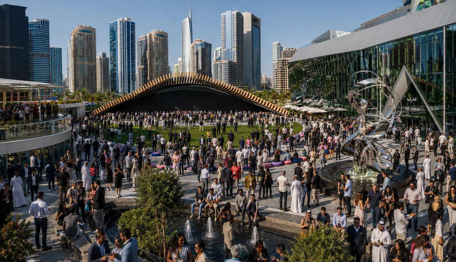 Official BlockDown venue visual showing The Plaza at Uptown Dubai and surrounding skyline