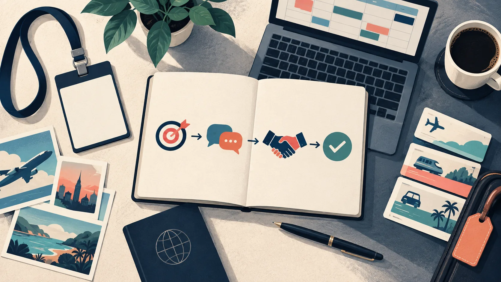 Illustrated planning desk with a calendar, event badge and conversation-to-follow-up workflow