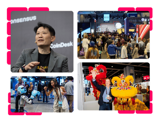 Collage of a Consensus Hong Kong speaker, exhibition floor and lion dance