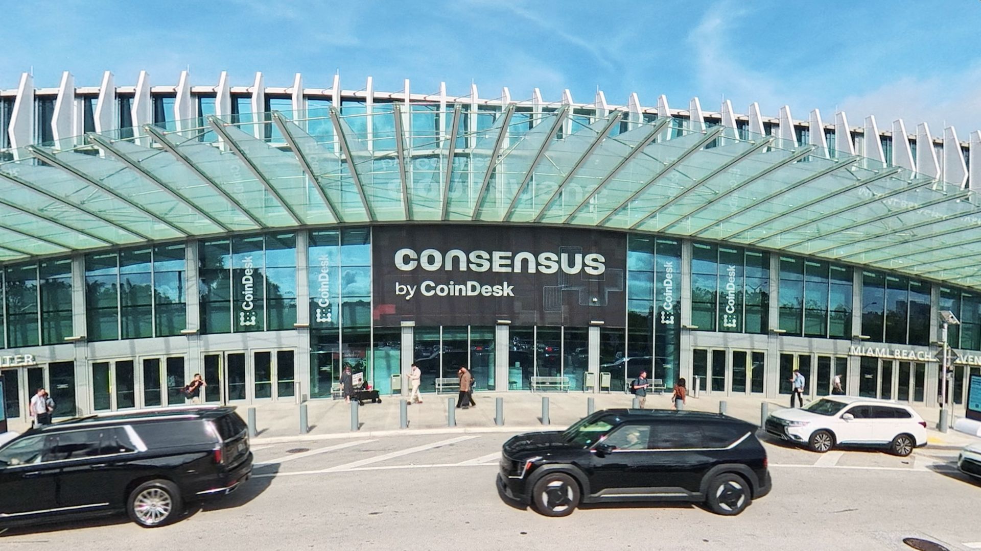 Miami Beach Convention Center entrance with Consensus by CoinDesk branding