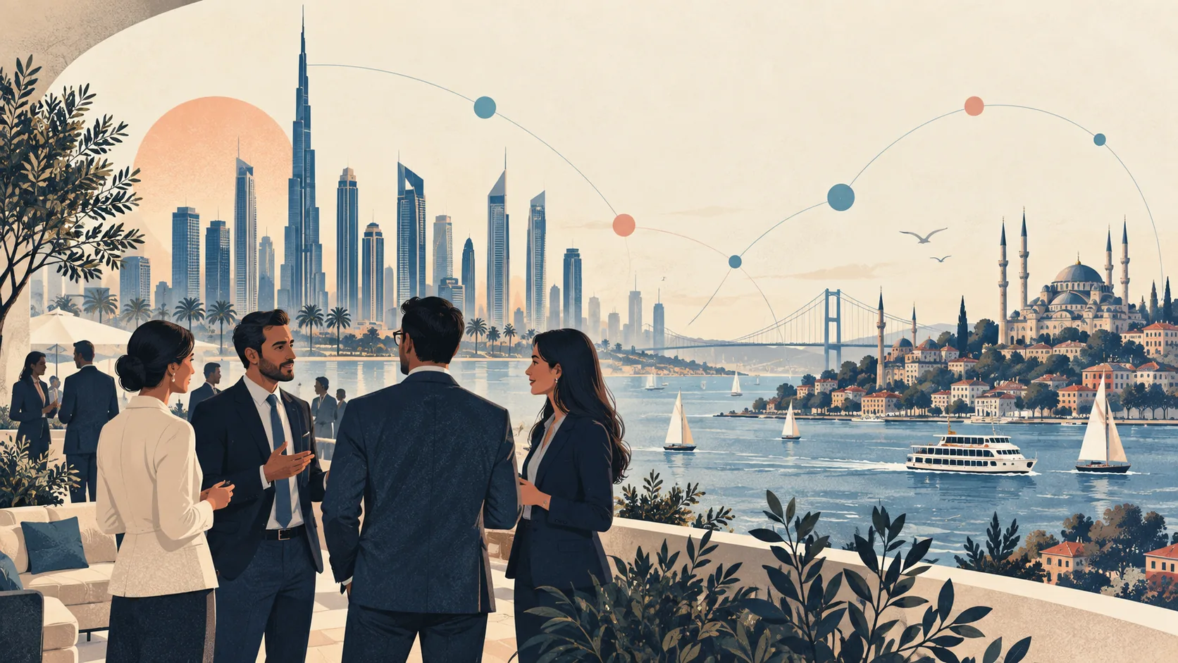 Editorial illustration of delegates networking against Dubai and Istanbul skylines