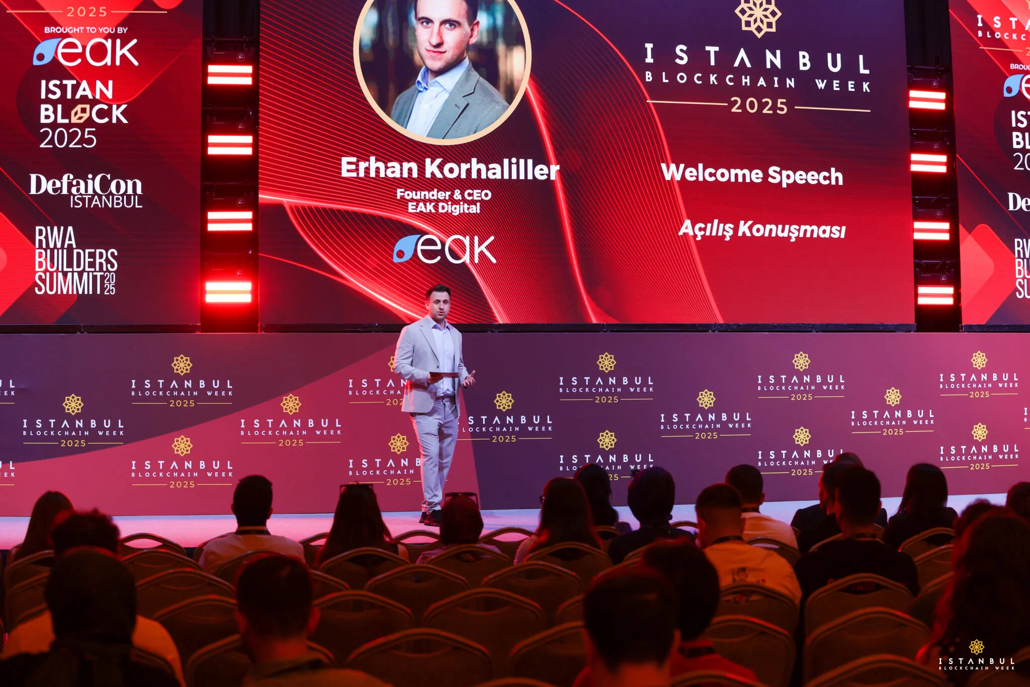 Audience watching the welcome speech on the Istanbul Blockchain Week 2025 stage